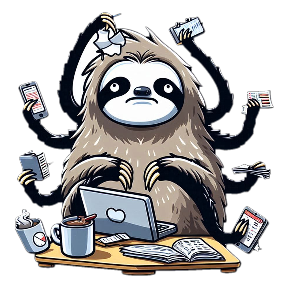 Cartoon of a sloth with multiple arms. The extra hands hold various items.